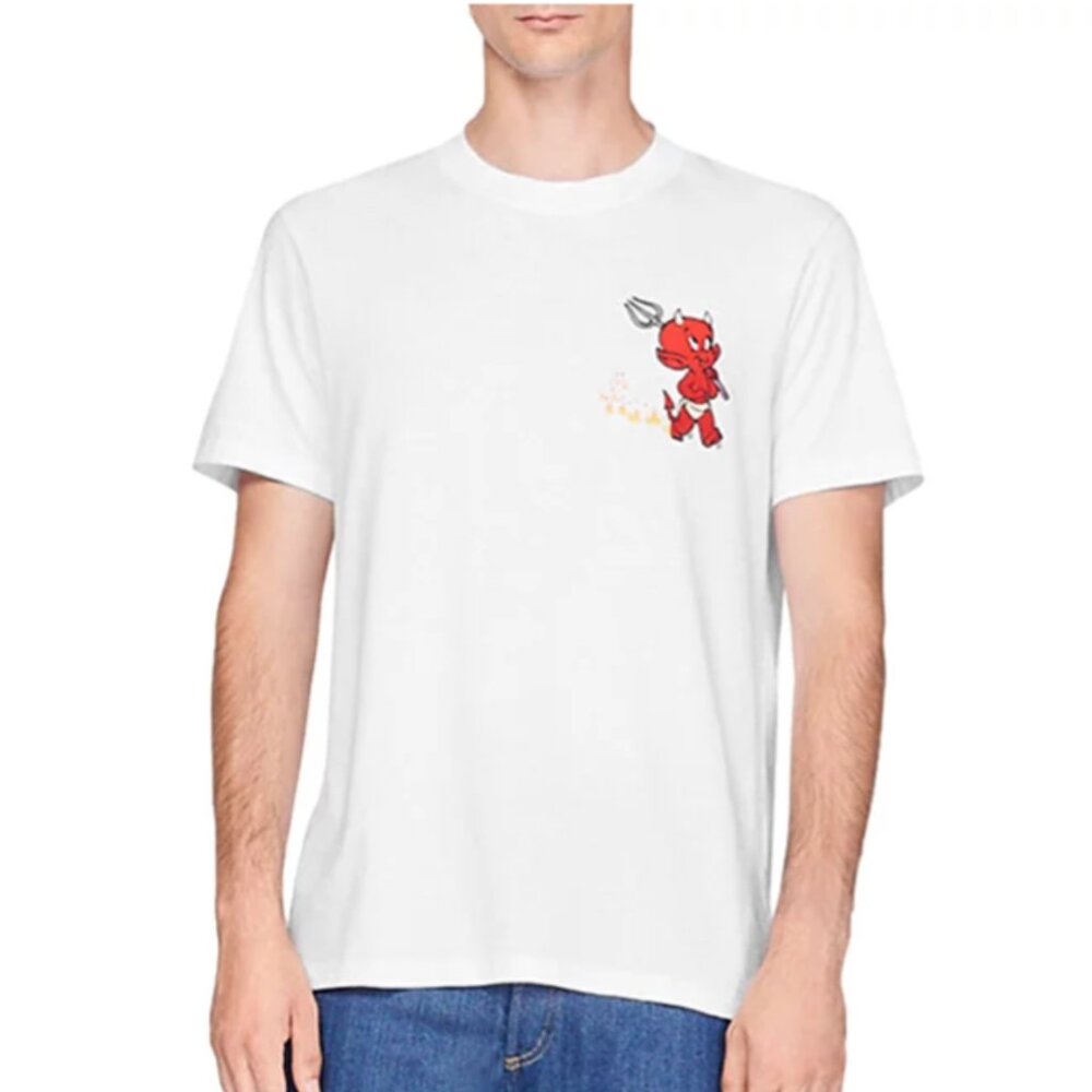 Sandro White Tee with Red Devil Graphic